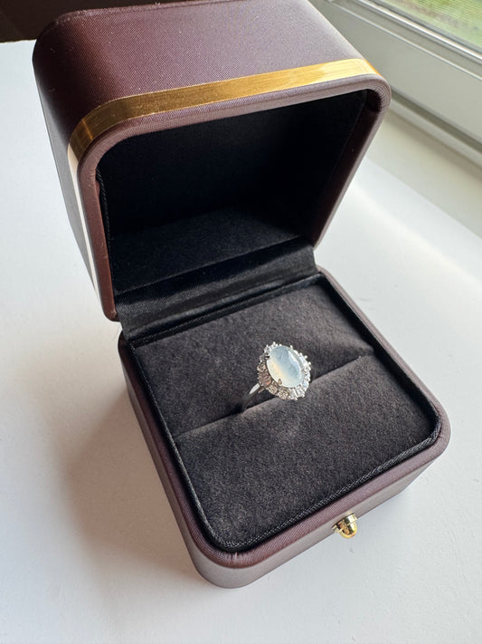 18K WHITE GOLD ICY JADE CABOCHON JADEITE JADE RING WITH DIAMONDS