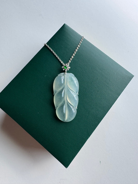 18K WHITE GOLD Icy Leaf Jadeite Pendant