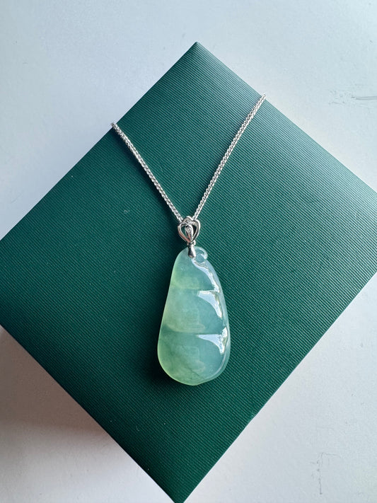 Genuine Icy Green Jadeite Jade Bean Necklace With 18K White Gold Bail