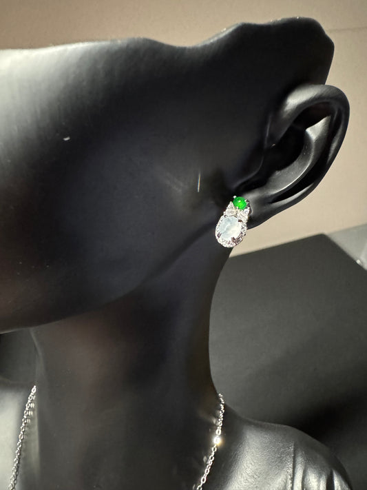 18K WHITE GOLD ICY OVAL SHAPE JADEITE JADE WITH DIAMONDS EARRINGS