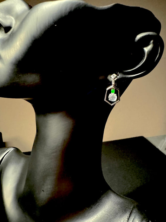 18K White Gold Translucent Icy Oval and Bright Green Peapod Jadeite Jade Diamond Earrings