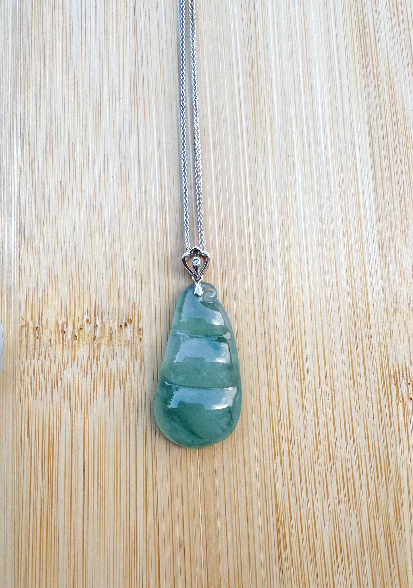 Genuine Icy Green Jadeite Jade Bean Necklace With 18K White Gold Bail